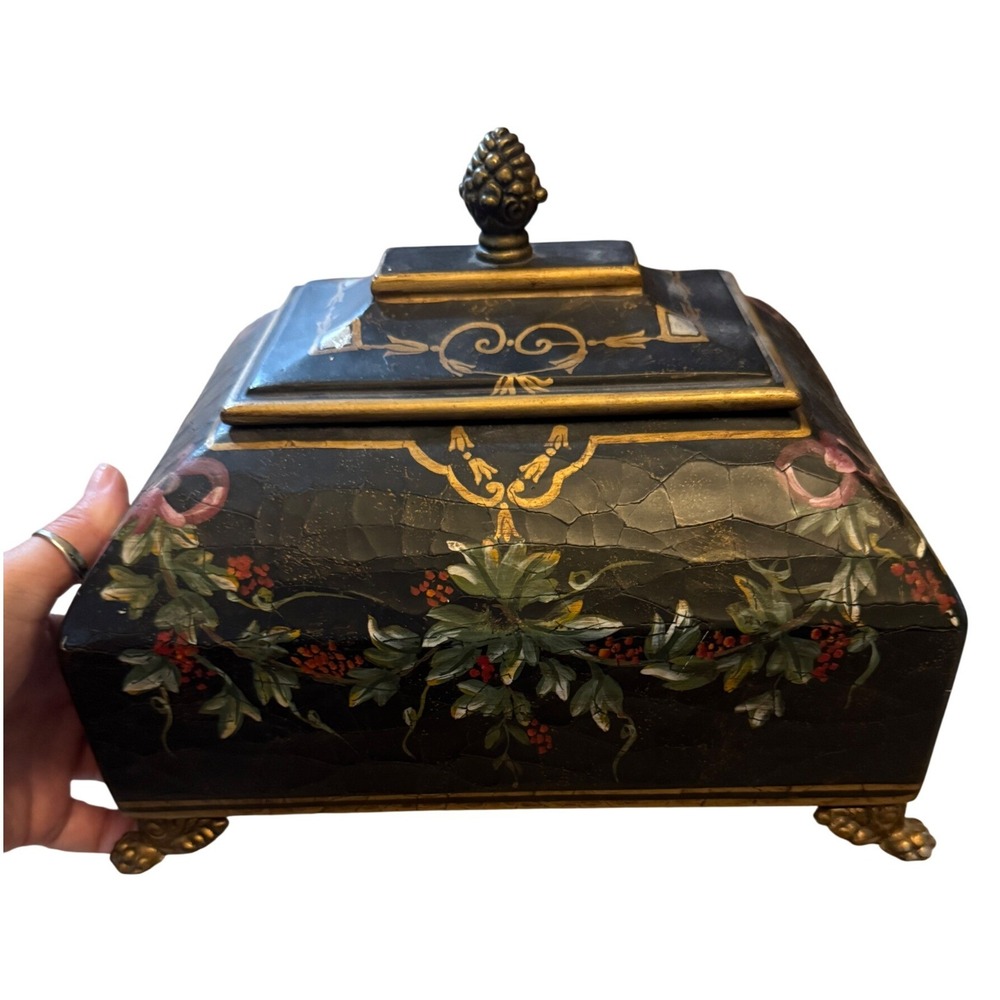 Antique Hand Painted Floral Victorian Box Black Crackle Gold Pinecone Finial